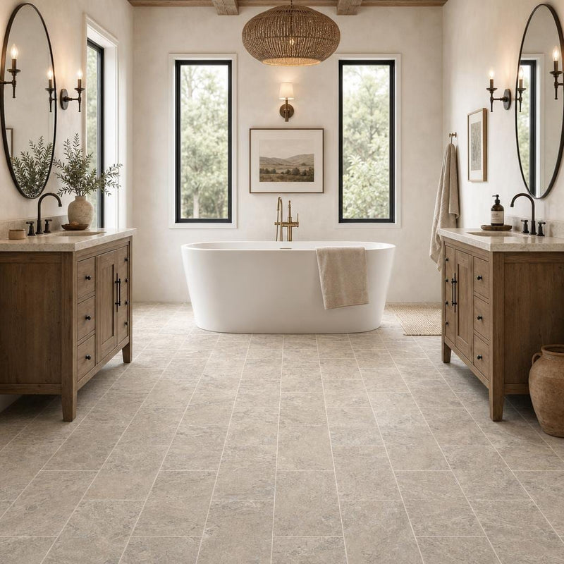 Silver Vein Cut 12x24 HF Travertine Tile — Bathroom floor