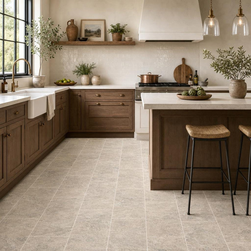 Silver Vein Cut 12x24 HF Travertine Tile — Kitchen floor