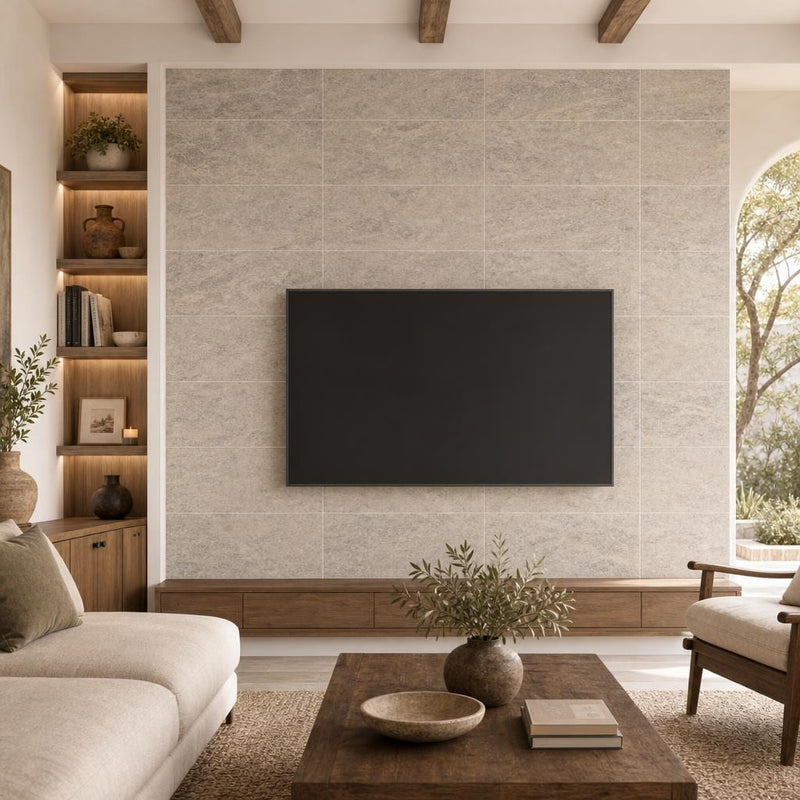 Silver Vein Cut 12x24 HF Travertine Tile — Living Room feature wall