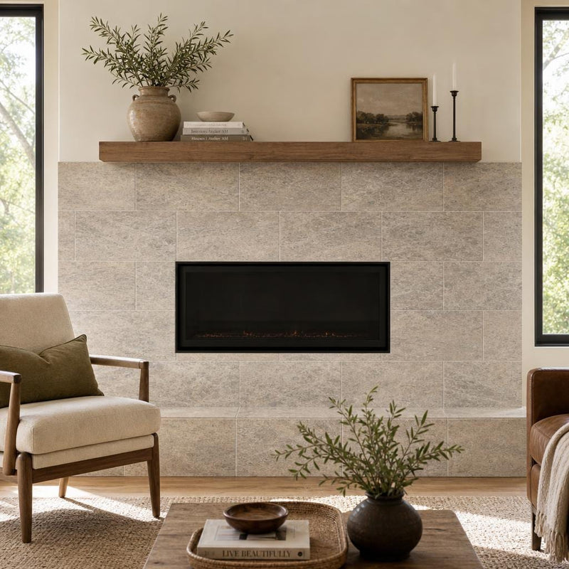 Silver Vein Cut 12x24 HF Travertine Tile — Living Room fireplace surround