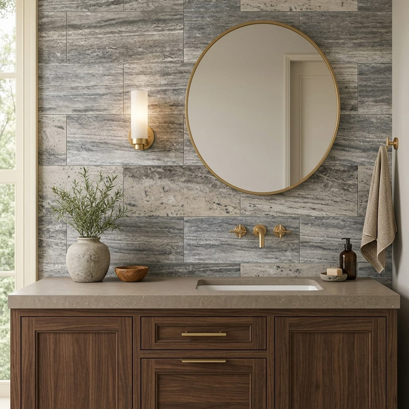 Silver Vein Cut Travertine Tile 12x24 Honed, Filled — Bathroom vanity wall