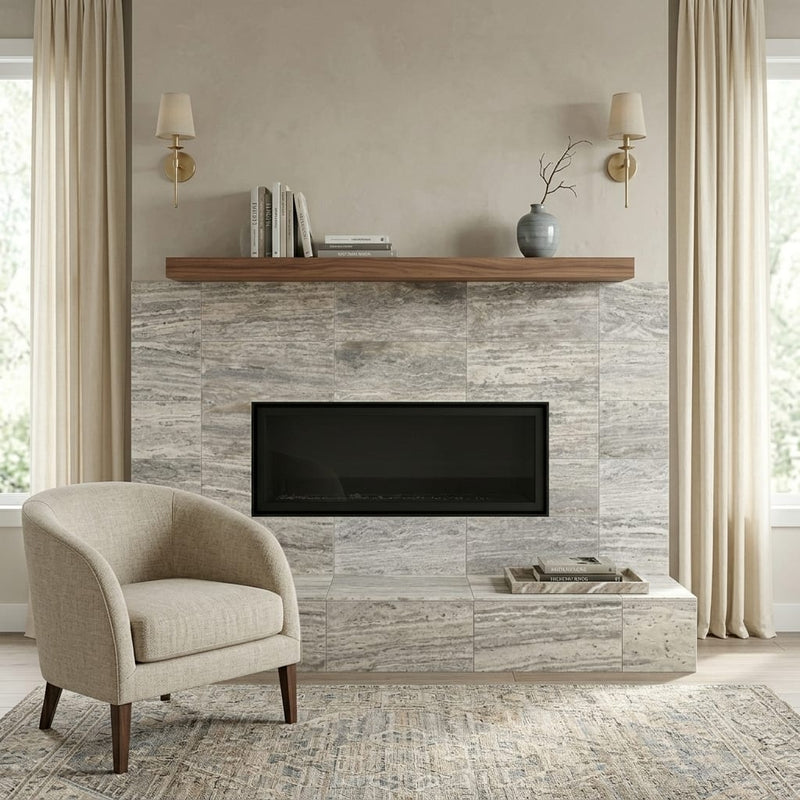 Silver Vein Cut Travertine Tile 12x24 Honed, Filled — Living Room fireplace surround