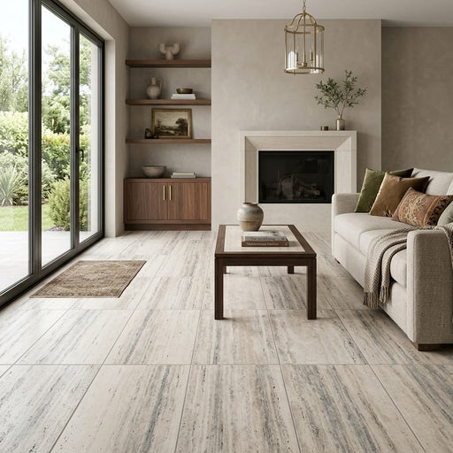 Silver Vein Cut Travertine Tile 12x24 Honed, Filled — Living Room floor