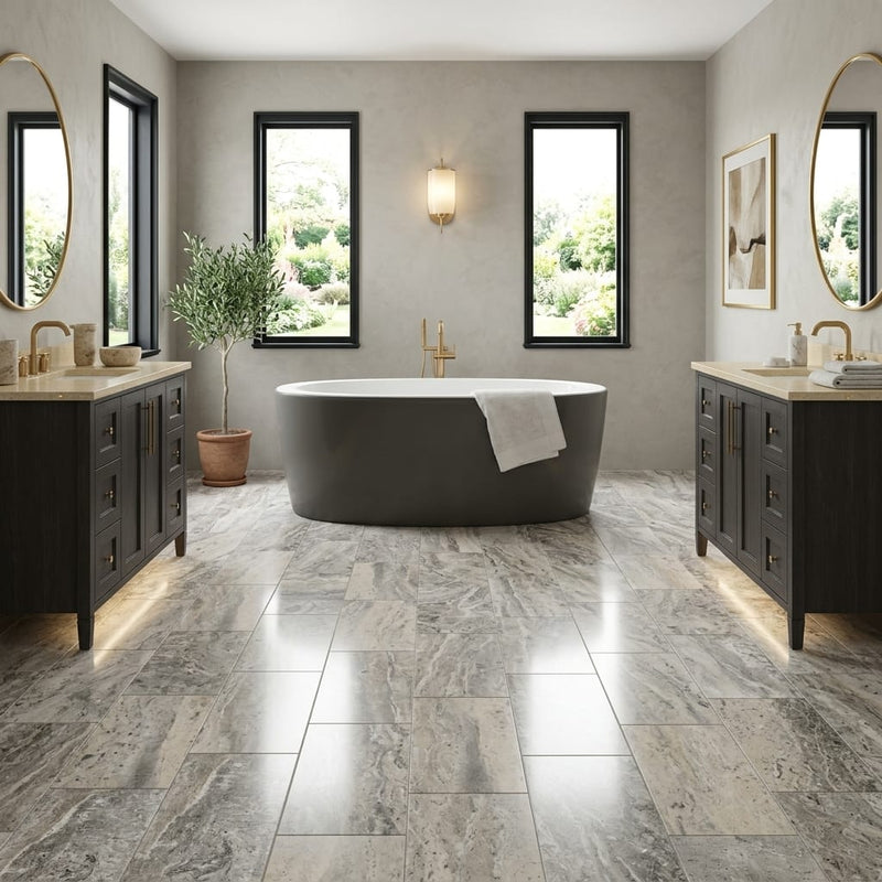 Silver Vein Cut Travertine Tile 12x24 Polished — Bathroom floor