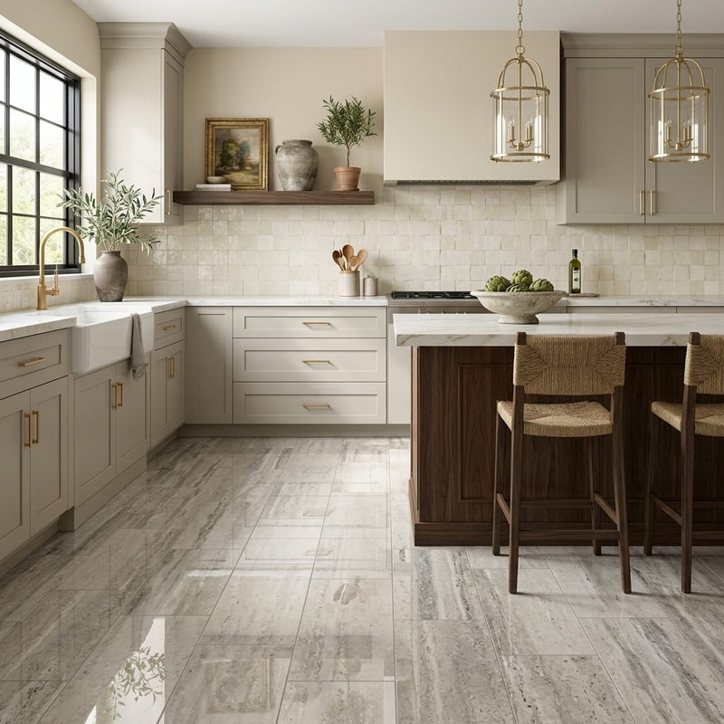 Silver Vein Cut Travertine Tile 12x24 Polished — Kitchen floor