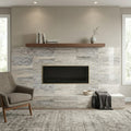 Silver Vein Cut Travertine Tile 12x24 Polished — Living Room fireplace surround