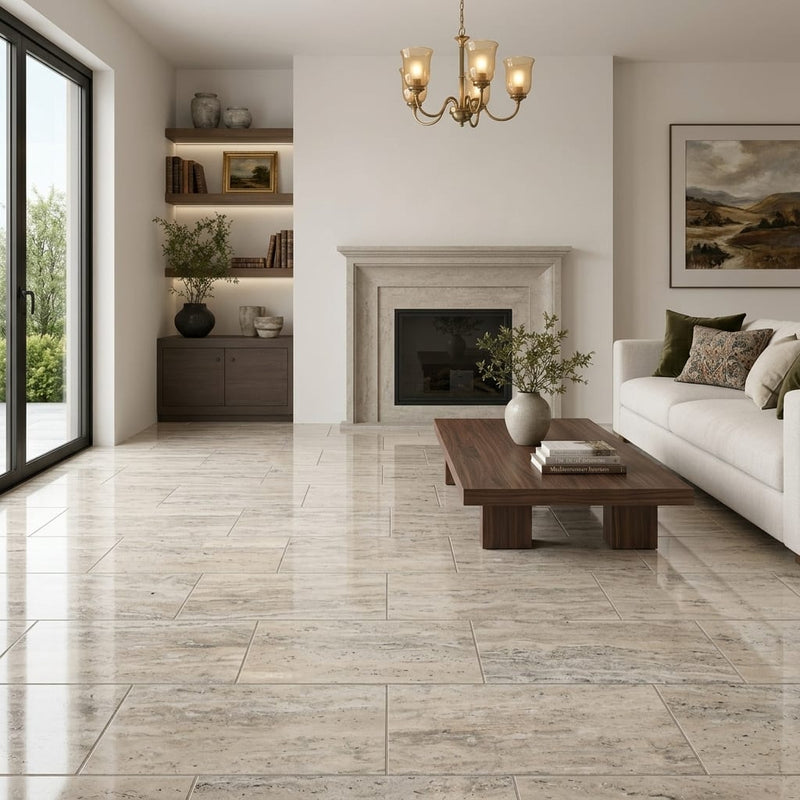 Silver Vein Cut Travertine Tile 12x24 Polished — Living Room floor