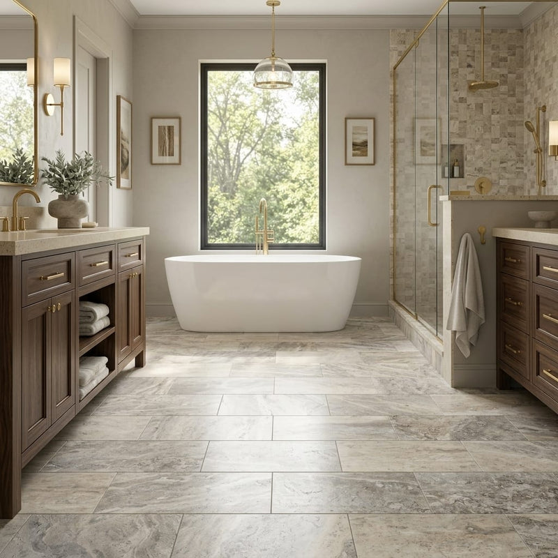 Silver Vein Cut Travertine Tile 12x24 Polished — Primary Bath floor