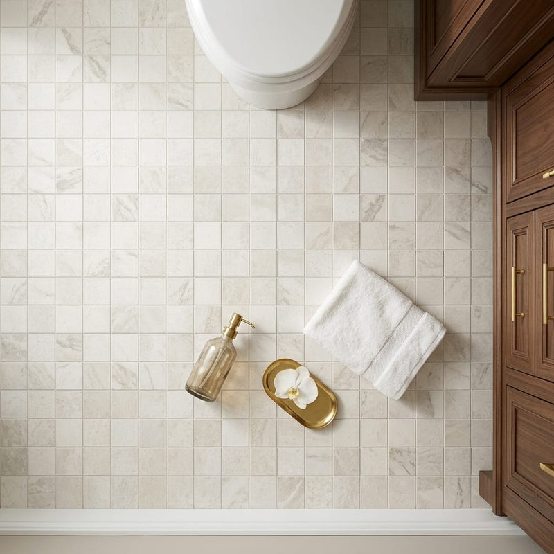 Simply Modern Creme 2x2 on 12x12 Sheet Honed Marble Mosaic — Bathroom floor