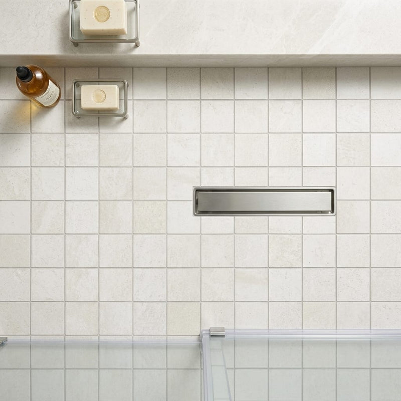Simply Modern Creme 2x2 on 12x12 Sheet Honed Marble Mosaic — Bathroom shower floor