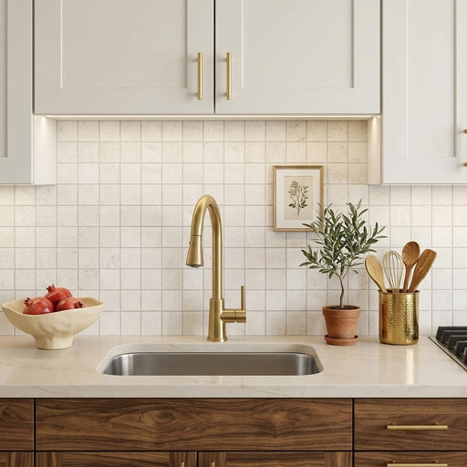 Simply Modern Creme 2x2 on 12x12 Sheet Honed Marble Mosaic — Kitchen backsplash