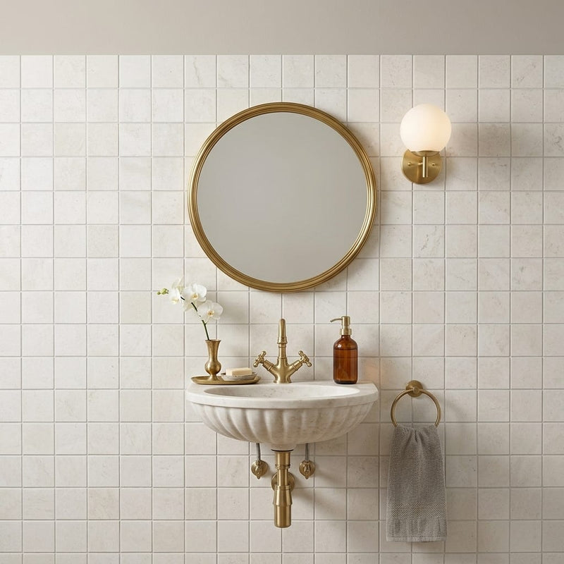 Simply Modern Creme 2x2 on 12x12 Sheet Honed Marble Mosaic — Powder Room wall