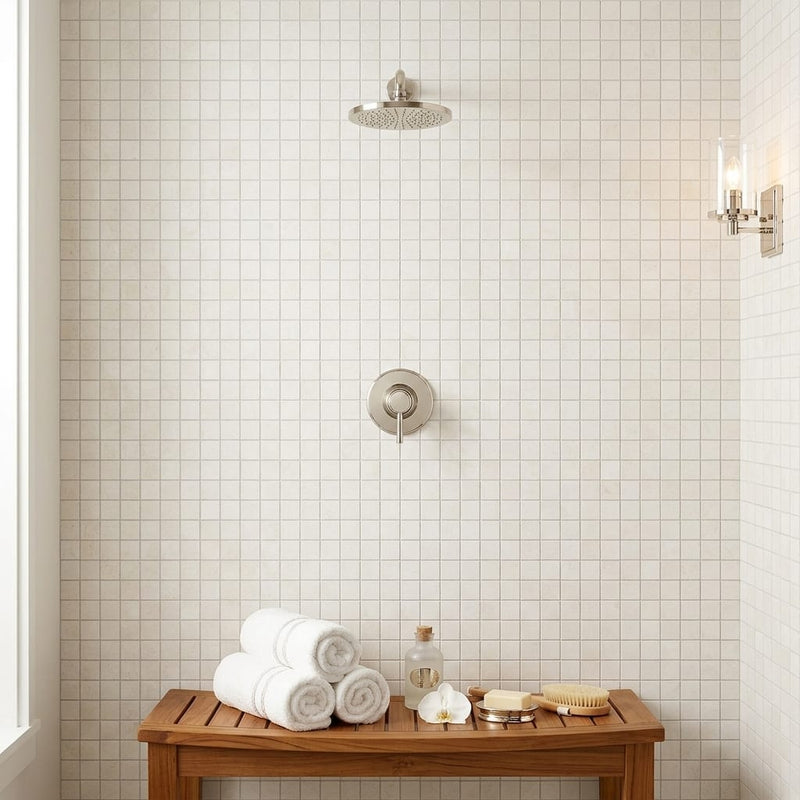 Simply Modern Creme 2x2 on 12x12 Sheet Honed Marble Mosaic — Spa spa interior