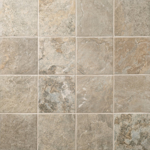 Sinai Beige matte porcelain tiles in a square grid with varied beige and gray stone-look patterns.