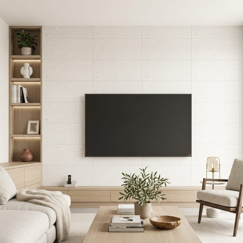 Sintesi Frammenti Bianco 12x24 Porcelain Tile — Living Room feature wall