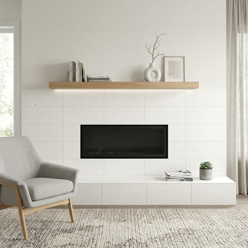 Sintesi Frammenti Bianco 12x24 Porcelain Tile — Living Room fireplace surround