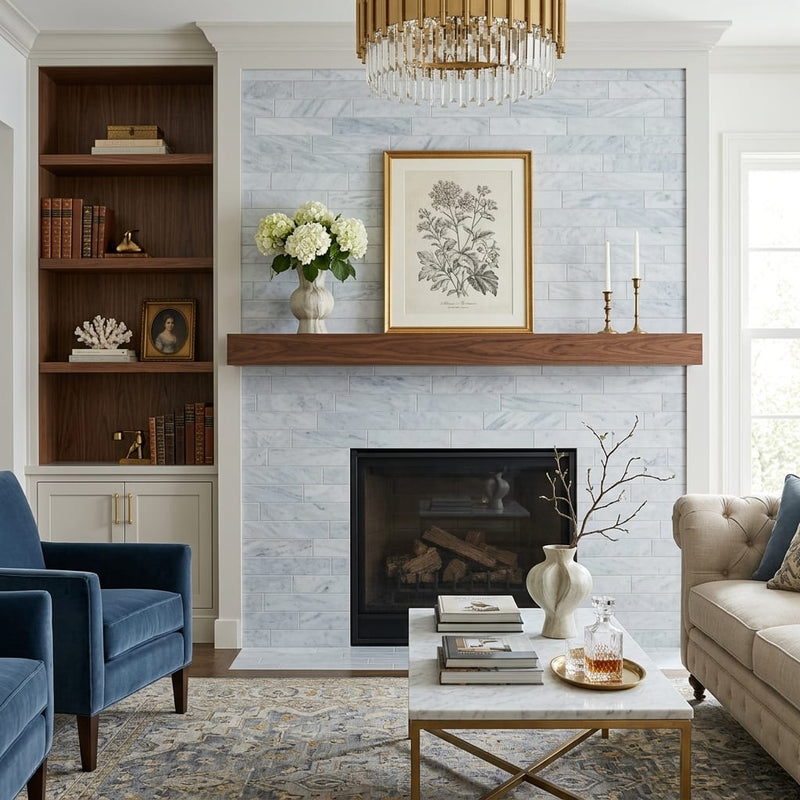 Sky Blue 4x16 Honed Marble Tile — Living Room fireplace surround