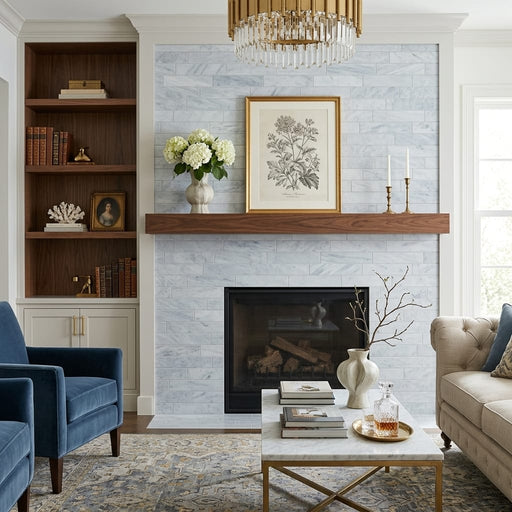 Sky Blue 4x16 Honed Marble Tile — Living Room fireplace surround