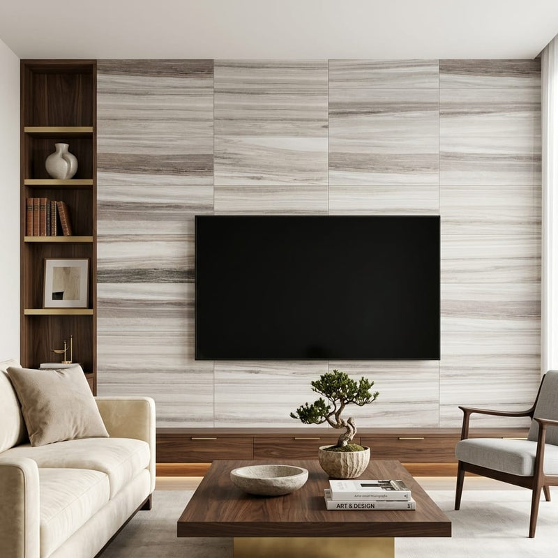 Skyline 12x24 Honed Marble & Dolomite Tile — Living Room feature wall