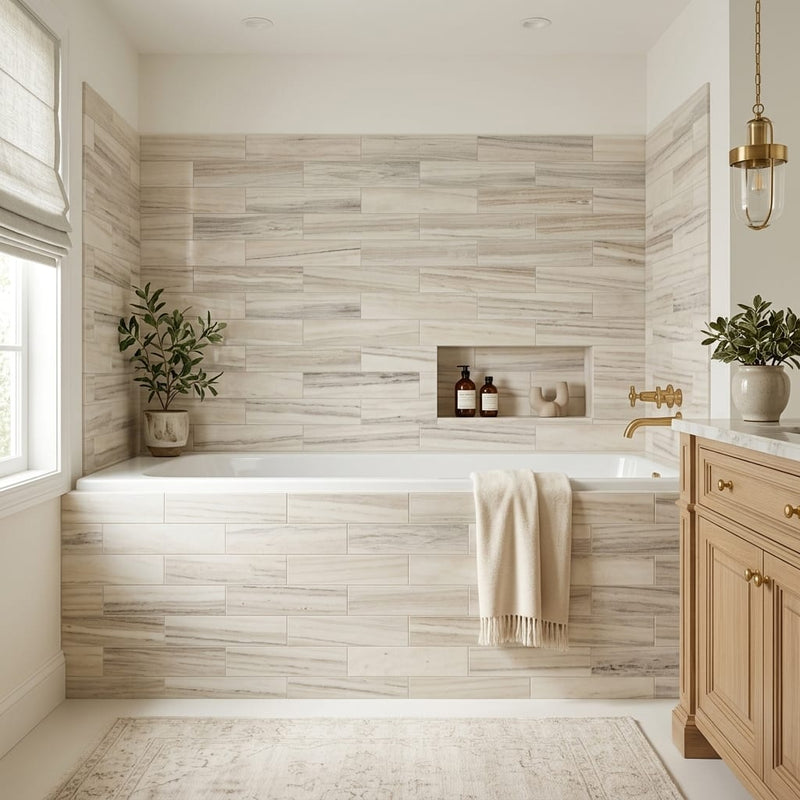 Skyline 4x16 Honed Marble & Dolomite Tile — Bathroom tub surround