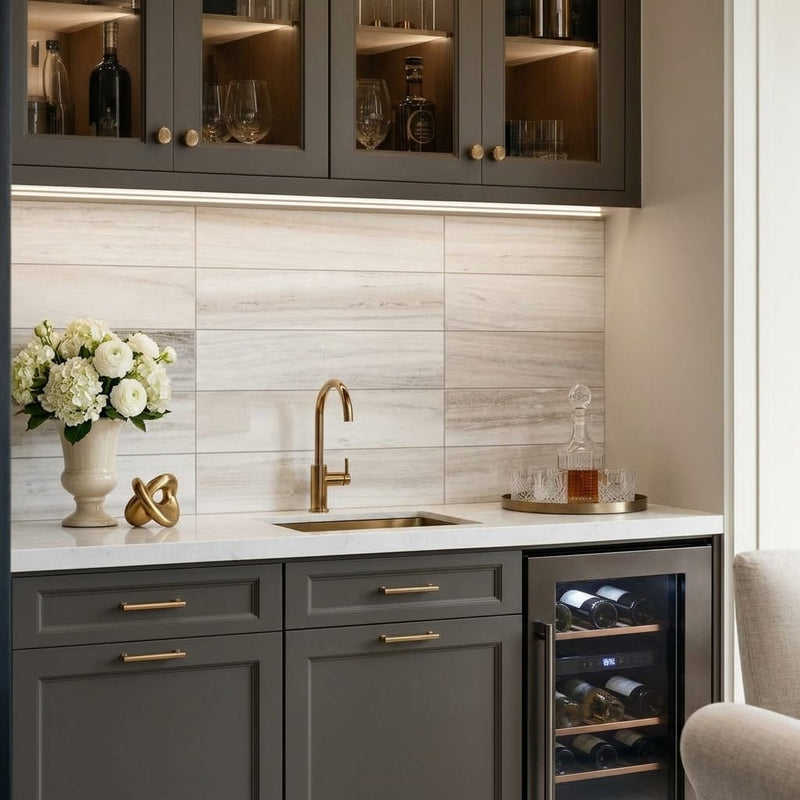 Skyline 4x16 Honed Marble & Dolomite Tile — Wet Bar backsplash