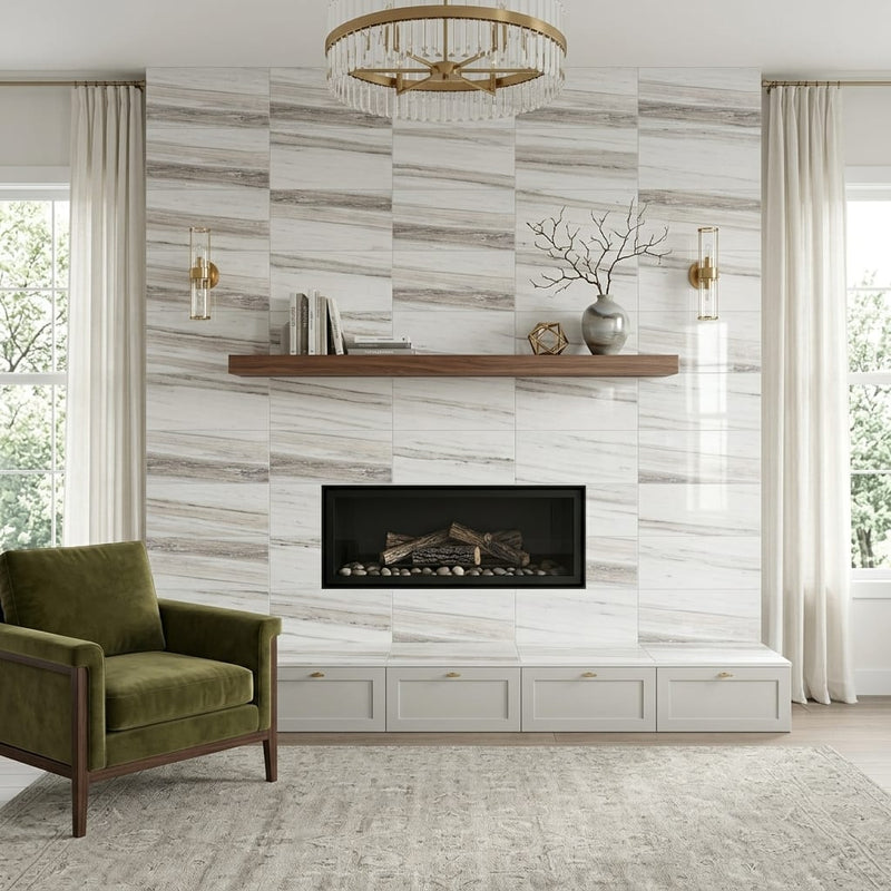 Skyline Marble Tile 12x24 Polished 3/4 inch — Living Room fireplace surround
