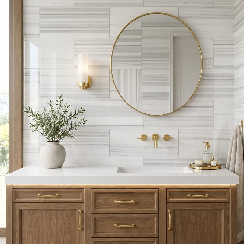 Skyline Polished 12x24 Marble Tile — Bathroom vanity wall