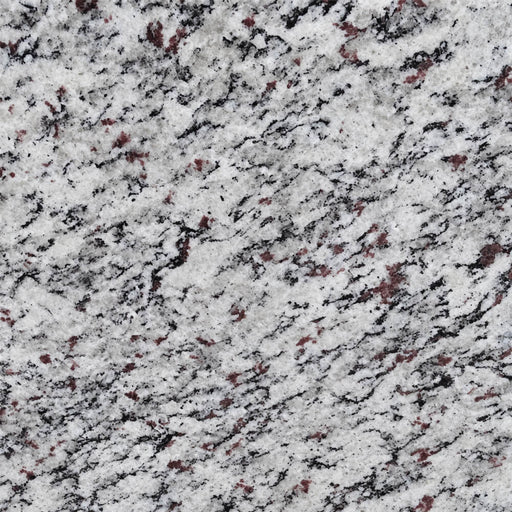 Close-up of SLAB3GRA Blanco Tulum polished granite with a light base, dark markings, and reddish mineral flecks.