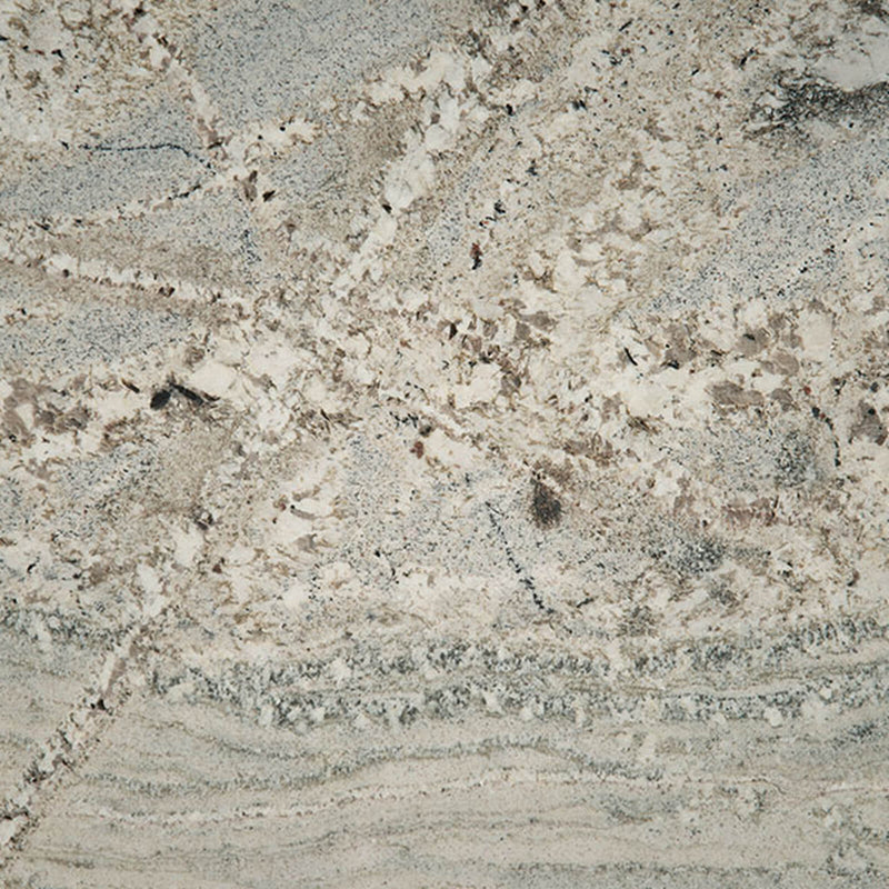 SLAB3GRE Monte Cristo 3cm polished granite slab with cream, gray and taupe mineral patterns and dark accents.