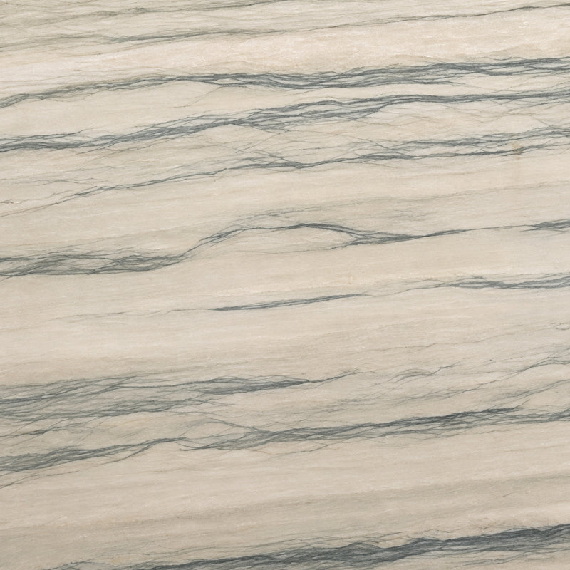 Apollo 3cm polished quartzite slab with a warm ivory background and flowing gray-green veins.