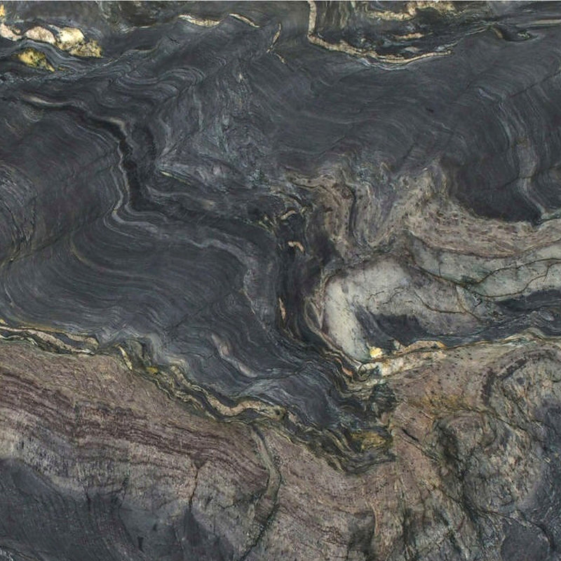 SLAB3QTE Explosion Blue leathered quartzite with swirling charcoal patterns and pale gold veins.