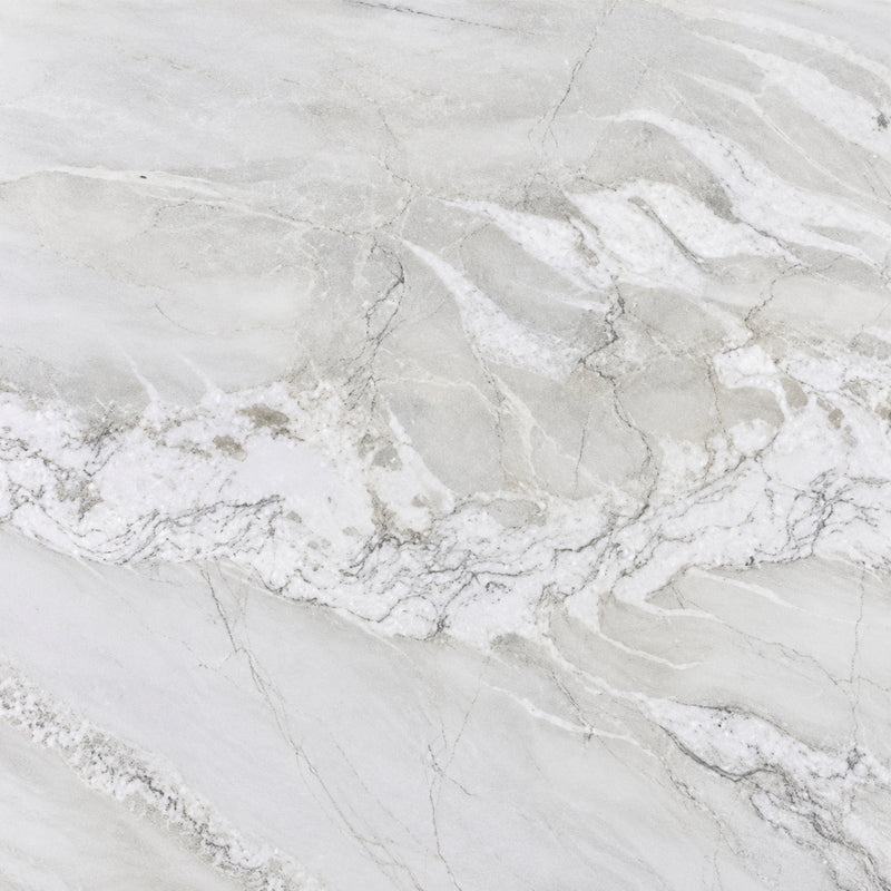 Mont Blanc 3cm leathered quartzite 126x63 slab with flowing ivory-white mineral patterns and soft gray veining.
