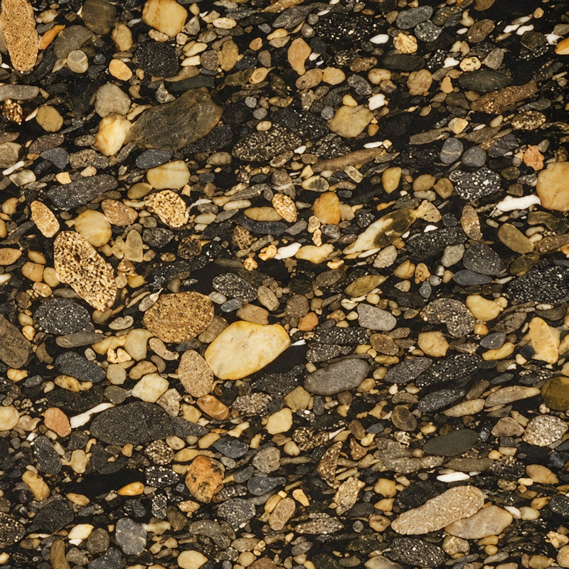 Marinace Gold polished granite with gold, cream and gray rounded stones in a dark matrix.