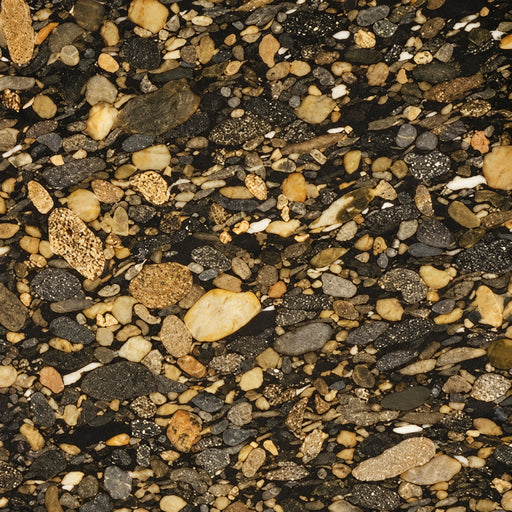 Marinace Gold polished granite with gold, cream and gray rounded stones in a dark matrix.
