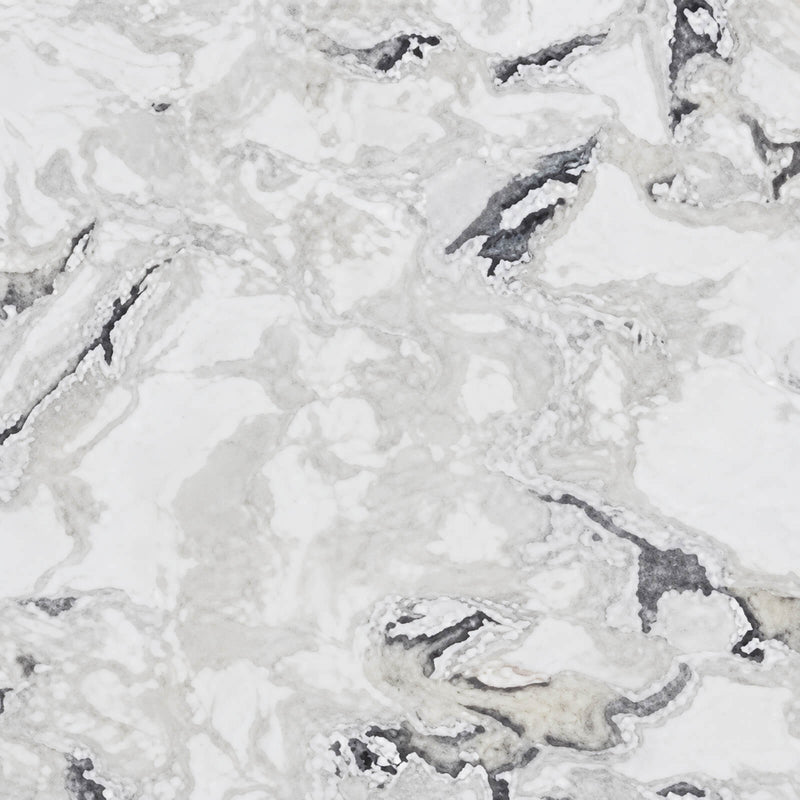 Dover White marble slab close-up with cloudy white and gray areas accented by dark mineral veins.
