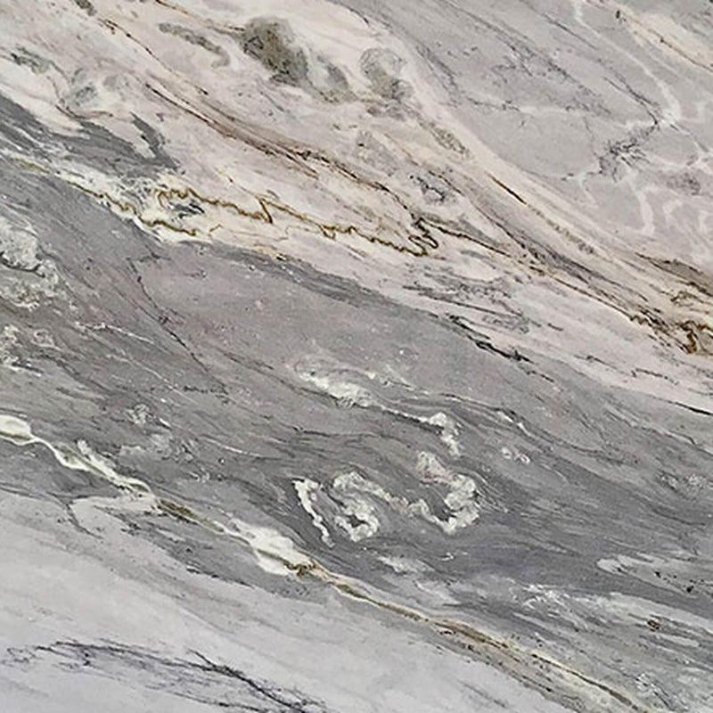 Close-up of SLABMRE Portinari 3cm polished marble slab with sweeping gray and white mineral bands and fine golden veins.