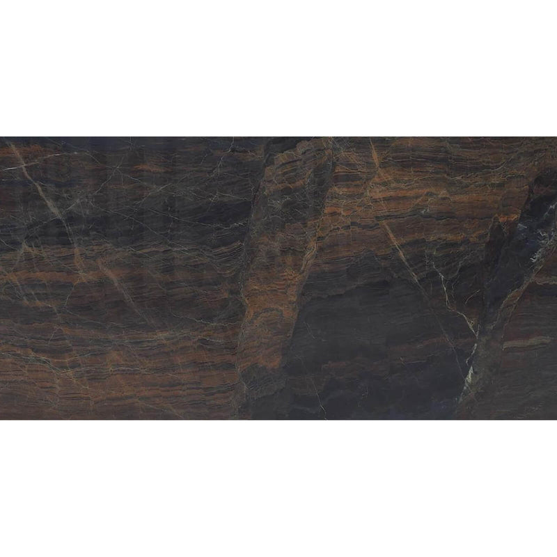 Jatoba polished quartzite surface detail with a dark charcoal brown base, flowing rust and bronze mineral bands, and fine pale veins crossing the layered stone.