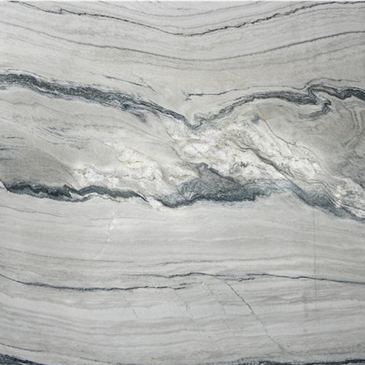 Close-up of SLABQTE Maya quartzite with layered gray bands and dark flowing veins.