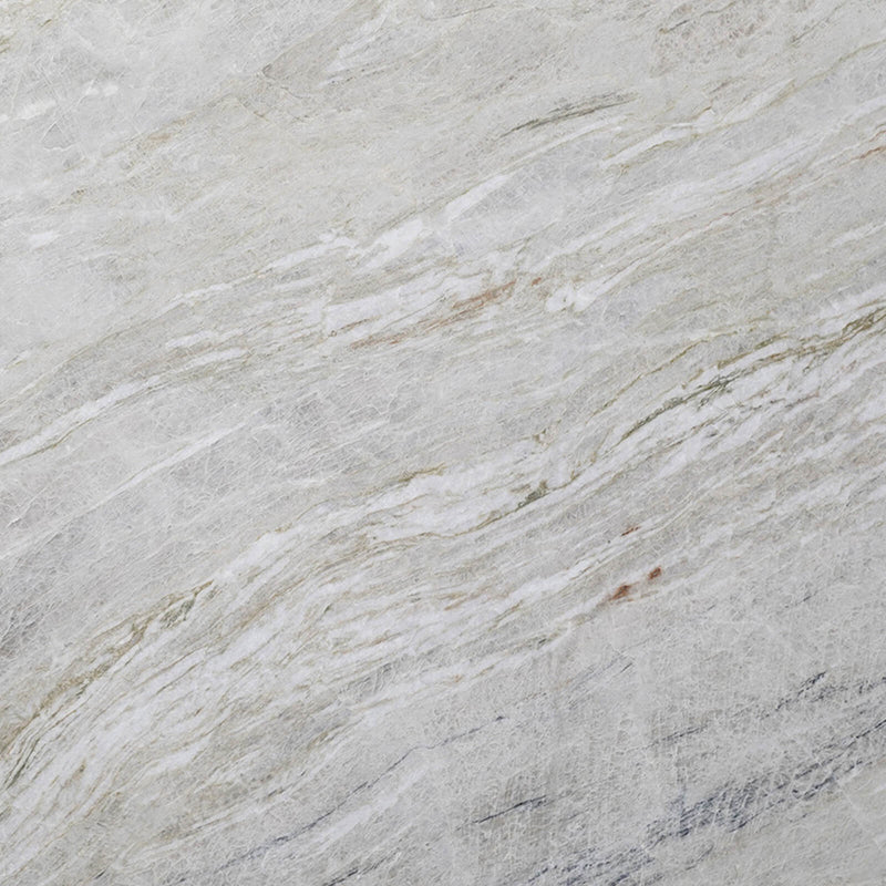Close-up of SLABQTE Perla Rocca 2cm honed quartzite slab with a pale gray-white background and diagonal beige-gray mineral veins.
