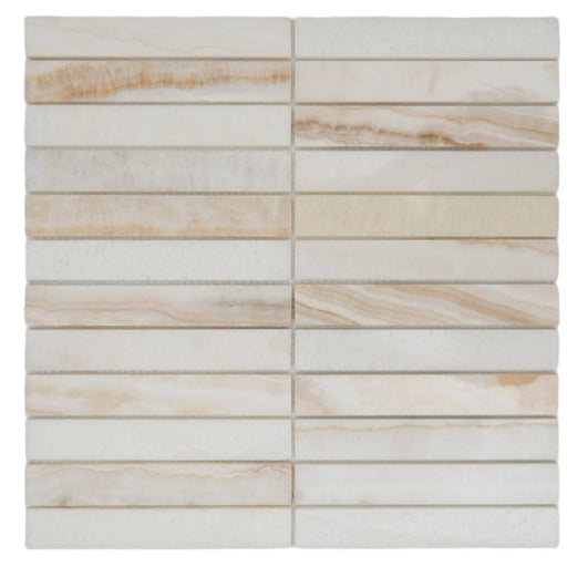 Slot Onyx Ivory mosaic with horizontal ivory onyx strips, warm beige veining and a polished surface, arranged in two columns.