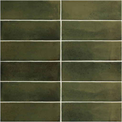 Soco Green matte porcelain tiles with deep olive green shading, subtle surface mottling and softly irregular edges, arranged in straight horizontal rows.