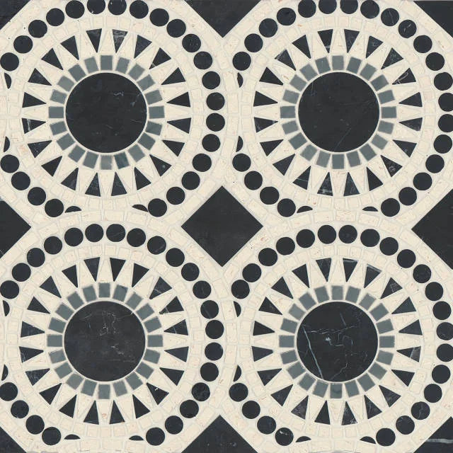 Solis Nero Marquina Bardiglio Myra Beige 14.25x14.25 Honed Marble Mosaic