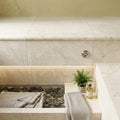 Sonoran Pearl Marble Coping 12x24 Tumbled Bullnose 1.25 inch pool coping — Spa spa overhang edge