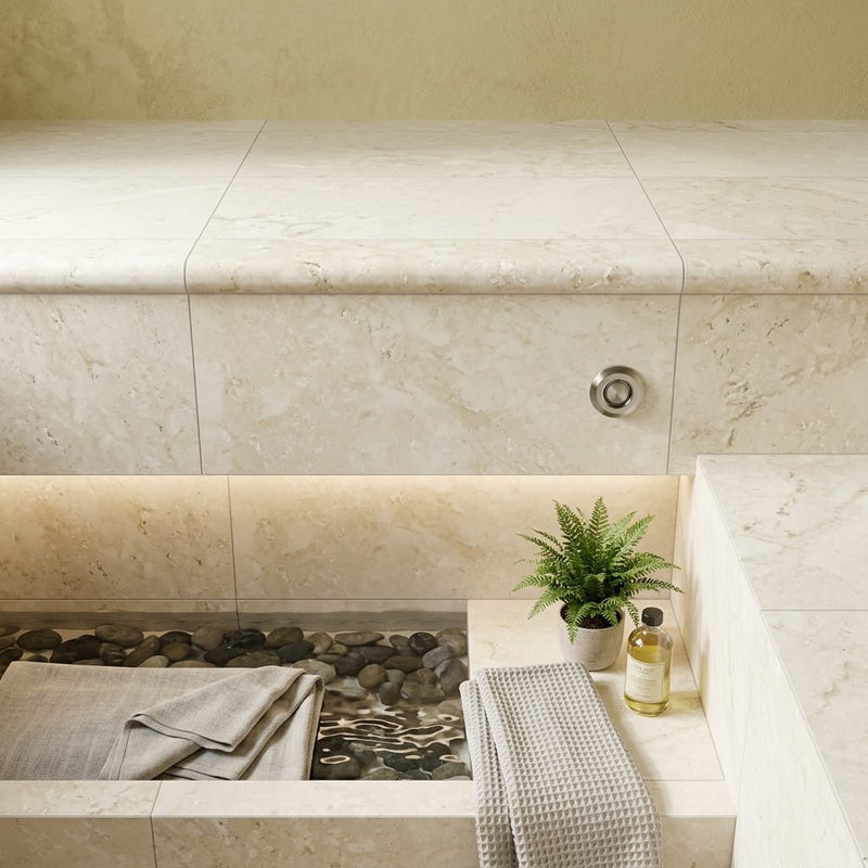 Sonoran Pearl Marble Coping 12x24 Tumbled Bullnose 1.25 inch pool coping — Spa spa overhang edge