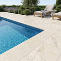 Sonoran Pearl Marble Coping 12x24 Tumbled Bullnose 1.25 inch pool coping — Swimming Pool pool edge drop-face coping