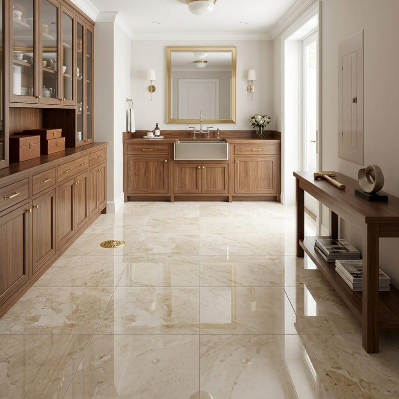 Sonoran Pearl Marble Tile 12x12 Polished — Basement floor