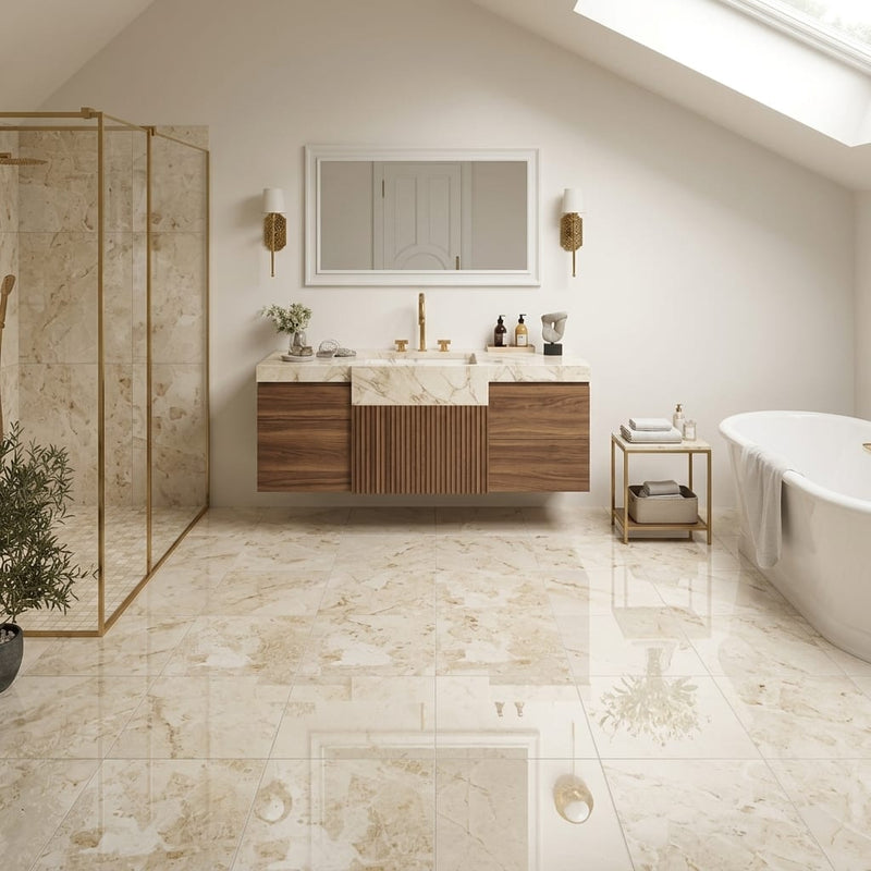 Sonoran Pearl Marble Tile 12x12 Polished — Bathroom floor