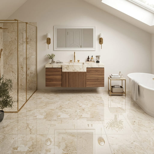 Sonoran Pearl Marble Tile 12x12 Polished — Bathroom floor