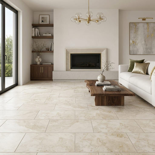 Sonoran Pearl Marble Tile 12x24 Brushed Rectified — Living Room floor