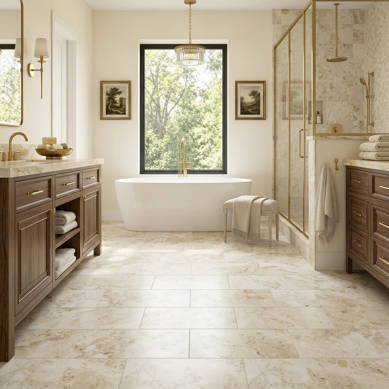Sonoran Pearl Marble Tile 12x24 Brushed Rectified — Primary Bath floor